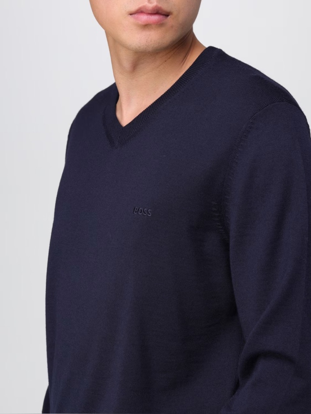 BOSS Batisse-E V-neck sweater in navy blue extrafine merino wool size XL